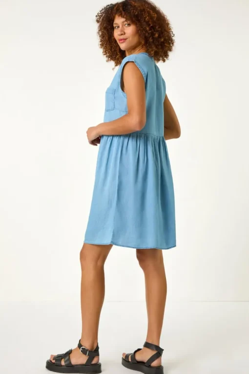 Roman Light Denim Denim Button Short Dress