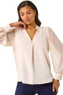 Roman Light Pink Chiffon Sleeve V-Neck Pleated Top
