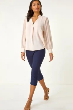 Roman Light Pink Chiffon Sleeve V-Neck Pleated Top