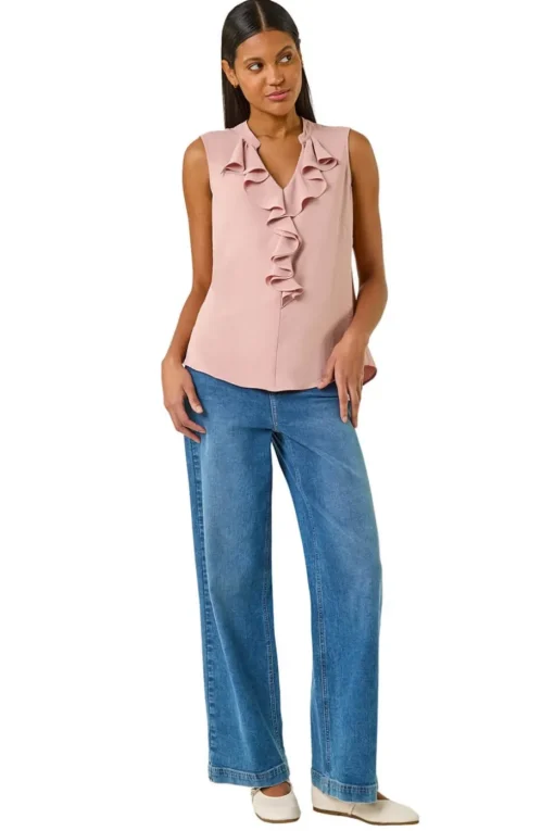 Roman Light Pink Ruffle V Neck Vest Top