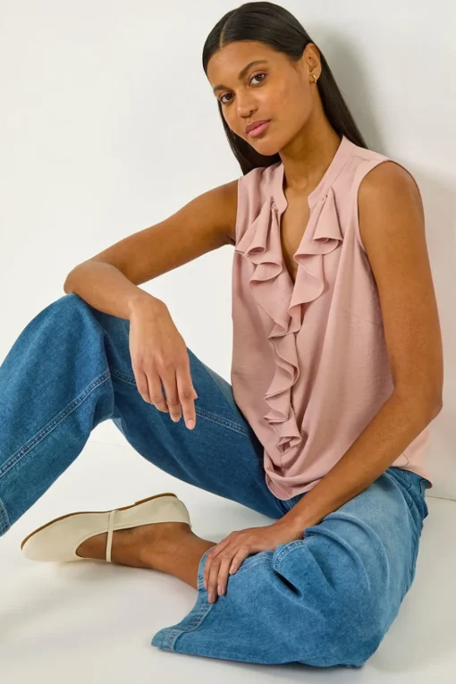 Roman Light Pink Ruffle V Neck Vest Top