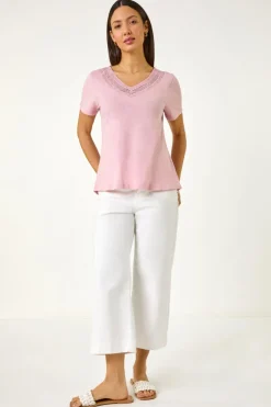 Roman Light Pink Sequin Trim V Neck Stretch Top
