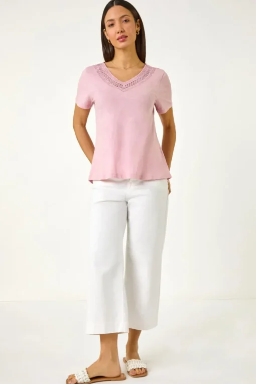 Roman Light Pink Sequin Trim V Neck Stretch Top