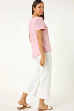 Roman Light Pink Sequin Trim V Neck Stretch Top