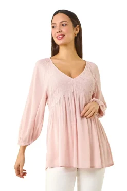 Roman Light Pink Shirred V-Neck Raglan Top