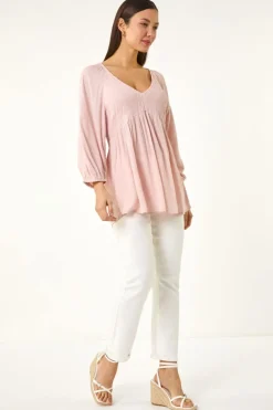 Roman Light Pink Shirred V-Neck Raglan Top