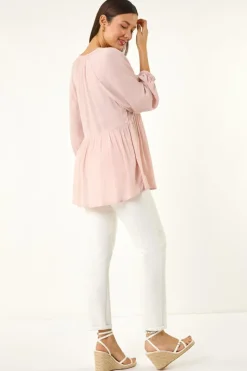 Roman Light Pink Shirred V-Neck Raglan Top