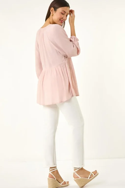 Roman Light Pink Shirred V-Neck Raglan Top
