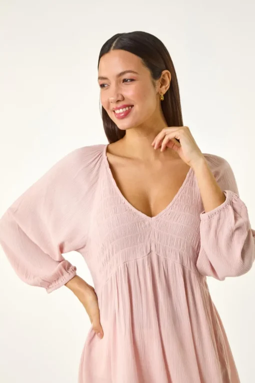 Roman Light Pink Shirred V-Neck Raglan Top