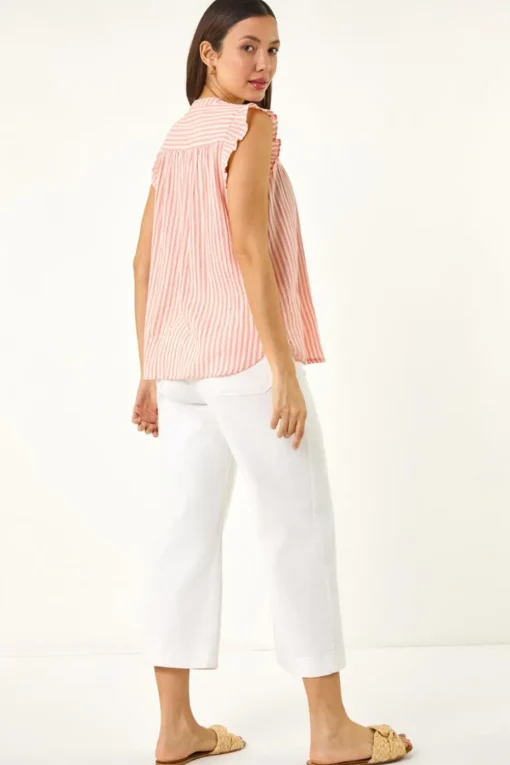 Roman Light Pink Stripe Print Frill Blouse