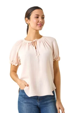 Roman Light Pink Tie Front Frill Sleeve Top