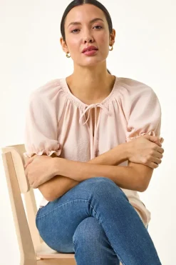 Roman Light Pink Tie Front Frill Sleeve Top