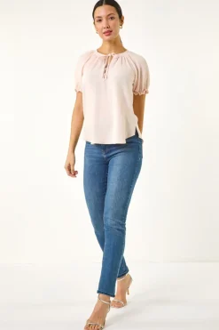 Roman Light Pink Tie Front Frill Sleeve Top