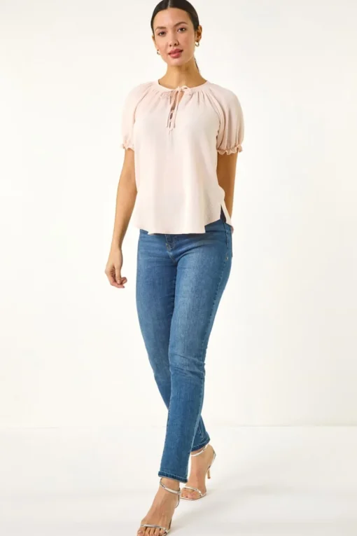 Roman Light Pink Tie Front Frill Sleeve Top