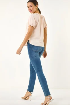 Roman Light Pink Tie Front Frill Sleeve Top