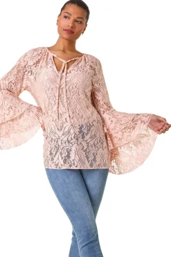 Roman Light Pink Tie Neck Lace Detail Top