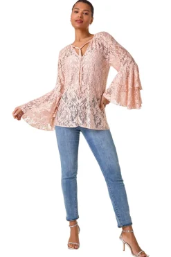 Roman Light Pink Tie Neck Lace Detail Top
