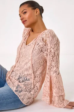 Roman Light Pink Tie Neck Lace Detail Top