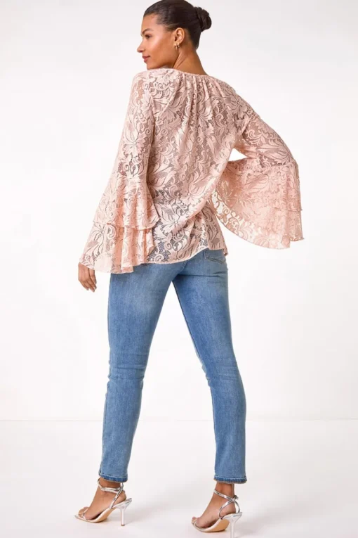Roman Light Pink Tie Neck Lace Detail Top