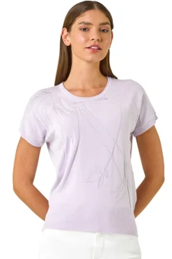 Roman Lilac Leaf Print Hotfix Knitted Top