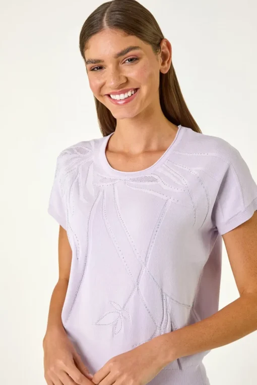 Roman Lilac Leaf Print Hotfix Knitted Top