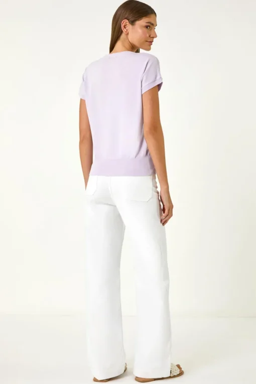Roman Lilac Leaf Print Hotfix Knitted Top