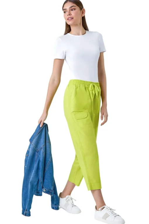 Roman Lime Cotton Elastic Waist Cropped Cargo Trousers