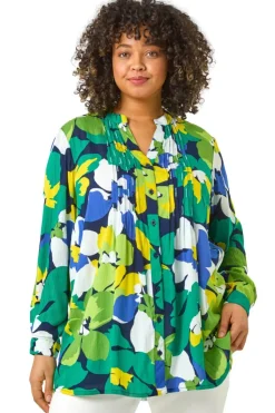 Roman Lime Curve Floral Print Pintuck Blouse