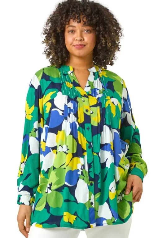 Roman Lime Curve Floral Print Pintuck Blouse