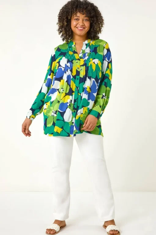 Roman Lime Curve Floral Print Pintuck Blouse