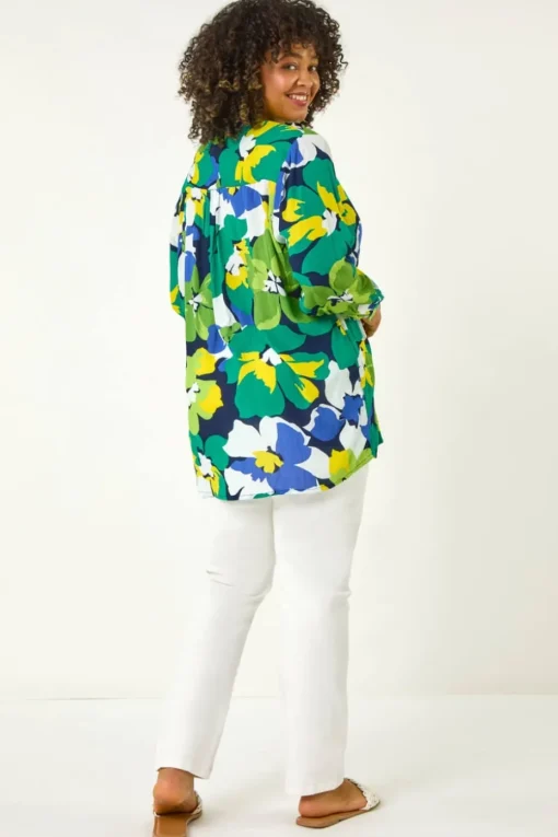 Roman Lime Curve Floral Print Pintuck Blouse