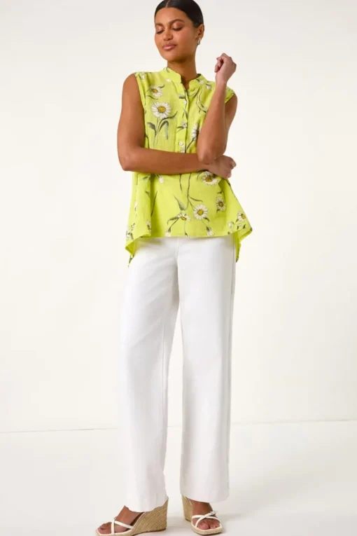 Roman Lime Daisy Print V Neck Vest