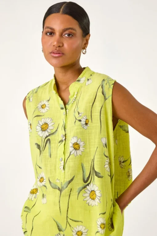Roman Lime Daisy Print V Neck Vest