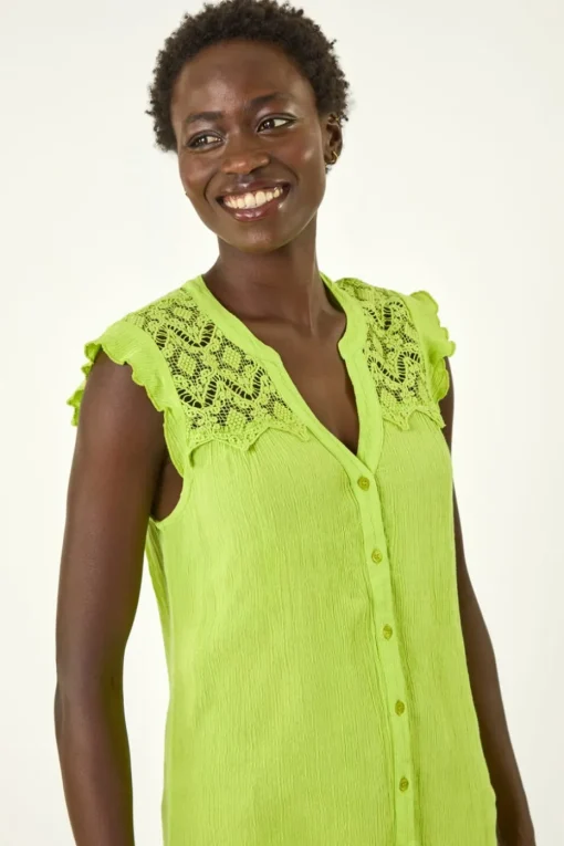 Roman Lime Sleeveless Lace Detail Blouse