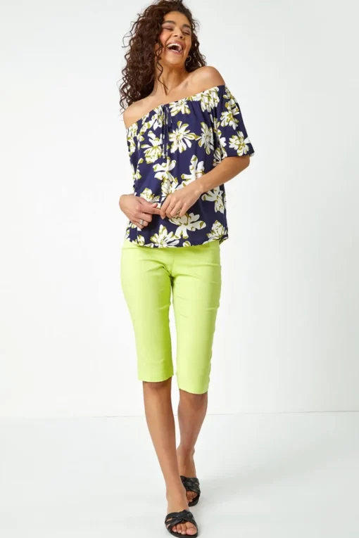 Roman Lime Stretch Knee Length Elastic Waist  Shorts