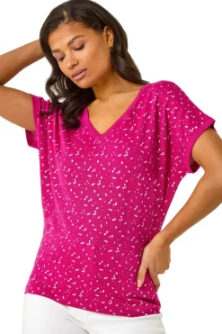 Roman Magenta Foil Print V-Neck Knitted Top