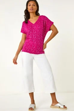 Roman Magenta Foil Print V-Neck Knitted Top