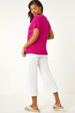 Roman Magenta Foil Print V-Neck Knitted Top