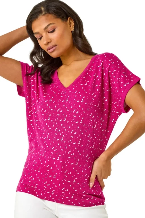 Roman Magenta Foil Print V-Neck Knitted Top