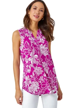 Roman Magenta Textured Floral Print Sleeveless Top