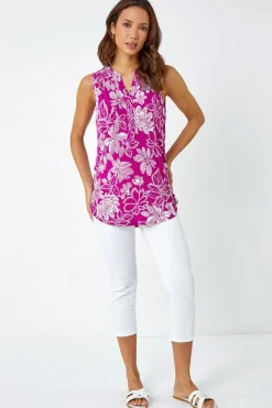 Roman Magenta Textured Floral Print Sleeveless Top