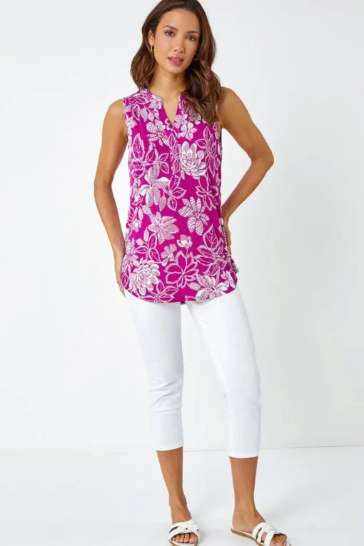 Roman Magenta Textured Floral Print Sleeveless Top