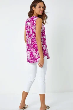 Roman Magenta Textured Floral Print Sleeveless Top
