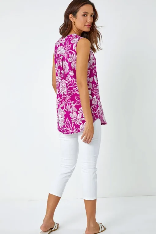 Roman Magenta Textured Floral Print Sleeveless Top