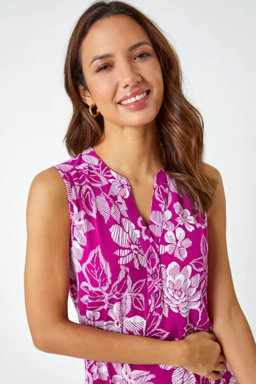 Roman Magenta Textured Floral Print Sleeveless Top