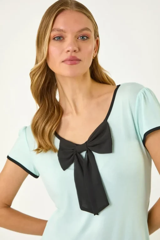 Roman Mint Bow Front Stretch Top