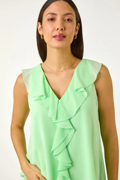 Roman Mint Chiffon Ruffle Vest Top