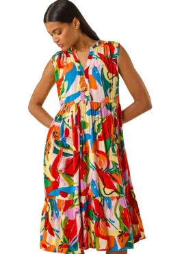 Roman Multi Abstract Print Tiered Midi Dress