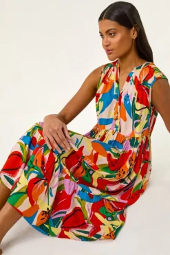 Roman Multi Abstract Print Tiered Midi Dress
