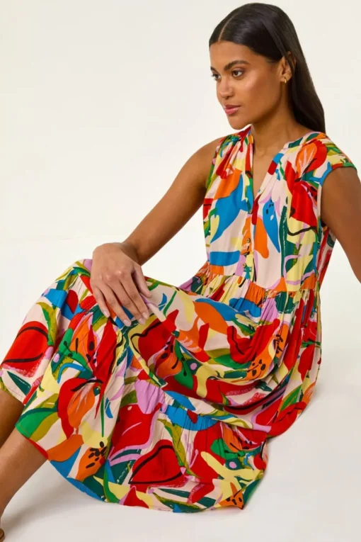 Roman Multi Abstract Print Tiered Midi Dress
